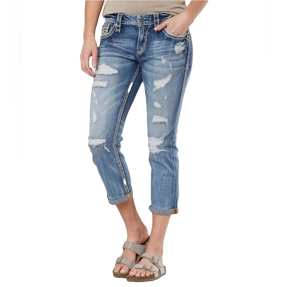 ROCK REVIVAL Hettie Stretch Cropped Capri Jeans Distressed Bling Pockets Size 27